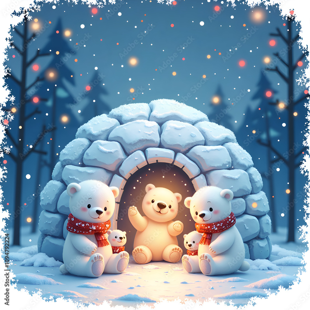 Adorable polar bears gather around a cozy igloo in a snowy wonderland at night with twinkling lights, digital illustration of fantasy art concept. Adorable polar bears gather around a cozy igloo in a snowy wonderland at night with twinkling lights, digital illustration of fantasy art concept.