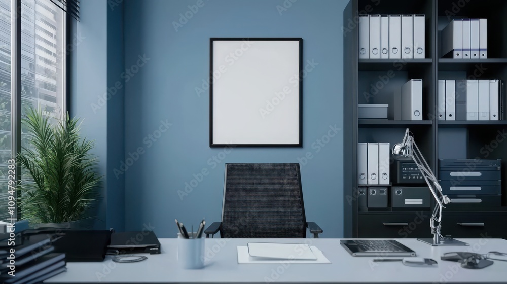 Fototapeta premium Professional office room with wall mockup modern workspace serenity