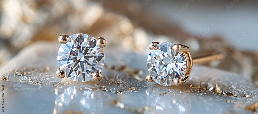 A pair of round diamond stud earrings resting on a flat polished stone background, white and gold color scheme. A pair of round diamond stud earrings resting on a flat polished stone background, white and gold color scheme.