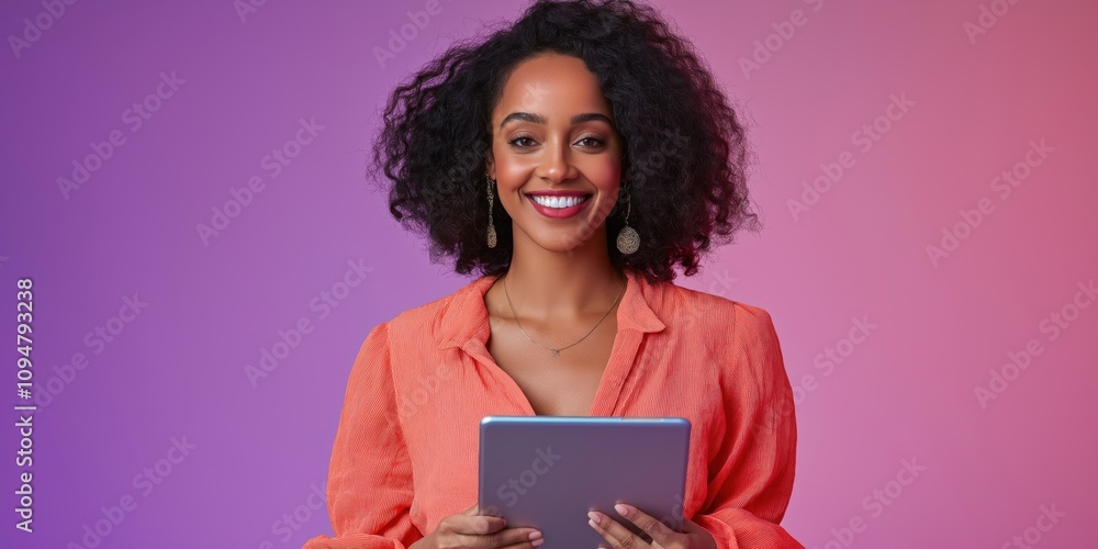 A bright and colourful studio portrait of a smiling woman holding a tablet confidently A bright and colourful studio portrait of a smiling woman holding a tablet confidently