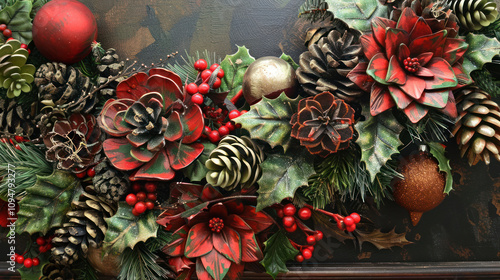 Artistic Christmas wreath featuring hand-painted wooden ornaments and greenery, perfect for a creative vibe