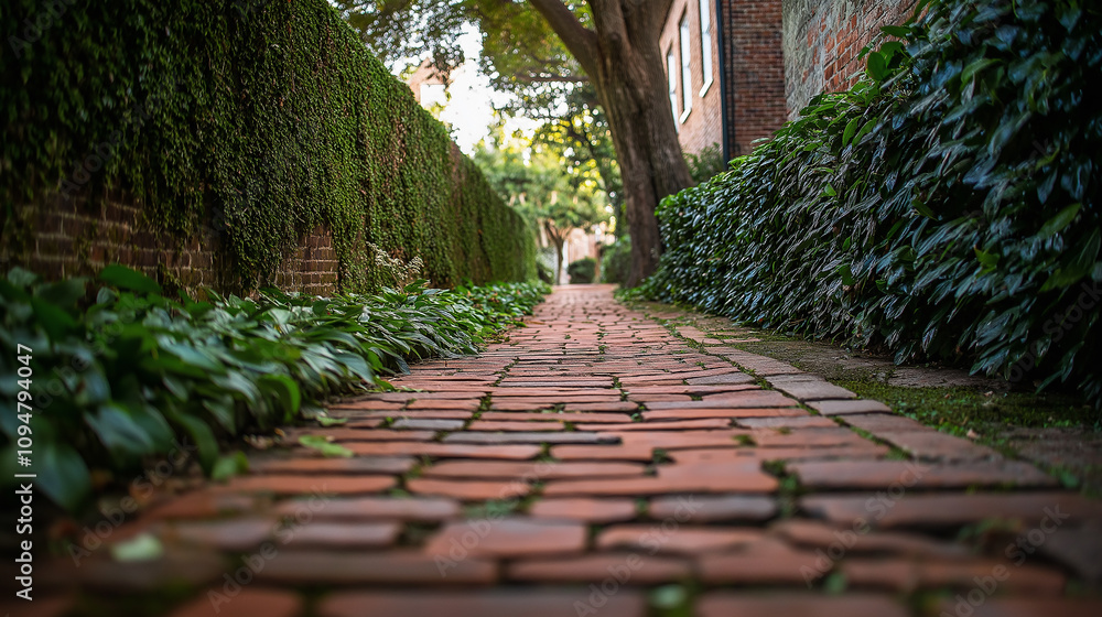 Fototapeta premium Bare brick pathway with ivy-covered wall beside it - Simple and historic