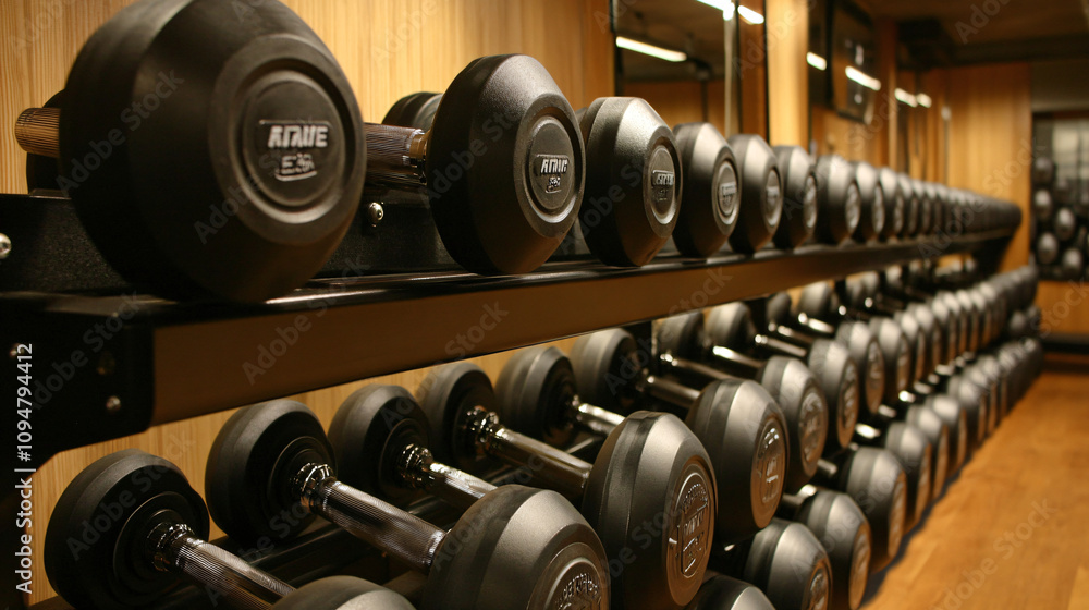 Fototapeta premium Strength training zone with adjustable dumbbells and free weights.