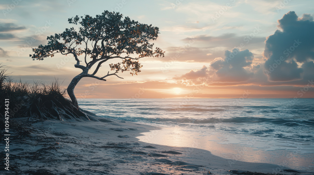 Solitude by the Sea: A solitary tree stands tall against the backdrop of a breathtaking sunrise, background, computer screen wallpapers Solitude by the Sea: A solitary tree stands tall against the backdrop of a breathtaking sunrise, background, computer screen wallpapers