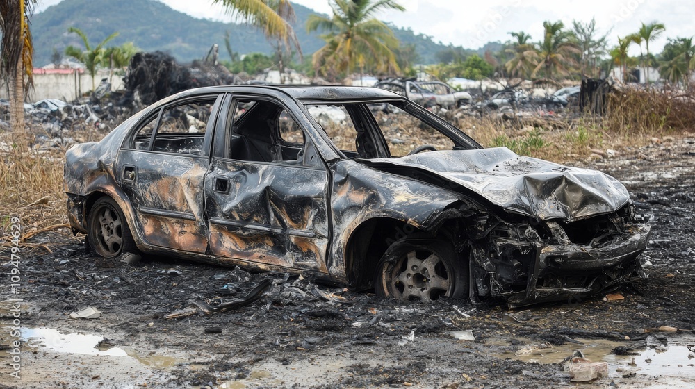 Fototapeta premium Abandoned Car Aftermath of Accident in Neglected Area