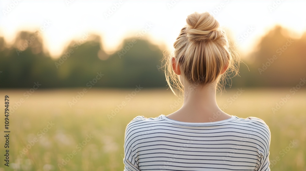 Woman with Blonde Hair Bun in Field at Sunset Woman with Blonde Hair Bun in Field at Sunset