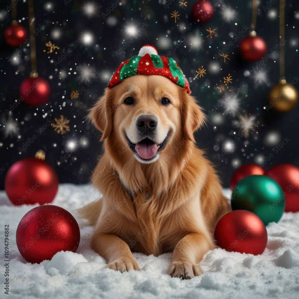 A cheerful golden retriever is lying in the snow, adorned with a green and red festive hat. Red ornaments sit beside the dog, creating a joyful winter holiday ambiance in a serene snowy forest A cheerful golden retriever is lying in the snow, adorned with a green and red festive hat. Red ornaments sit beside the dog, creating a joyful winter holiday ambiance in a serene snowy forest