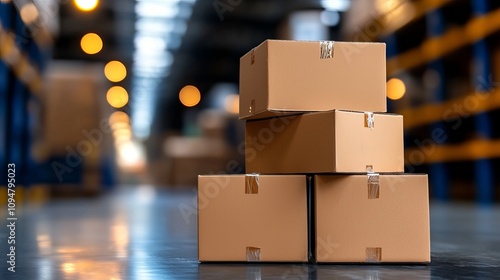 Stack of cardboard boxes in a warehouse setting with a blurred background of shelves and warm lights.