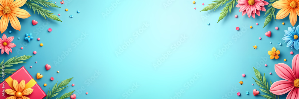 Fototapeta premium Greeting card. Vibrant blue background adorned with colorful flowers and dots, creating a cheerful and festive atmosphere.