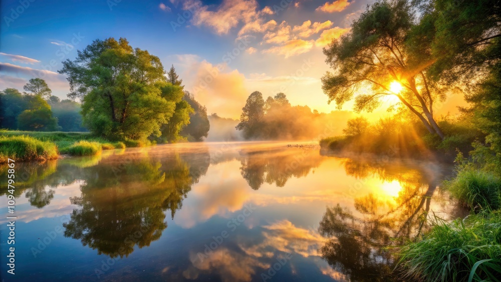 Obraz premium Serene Morning on the River: Tranquil Water Reflections, Misty Landscapes, Sunlight Through Trees, Nature's Beauty, Peaceful Waters, and Fresh Beginnings