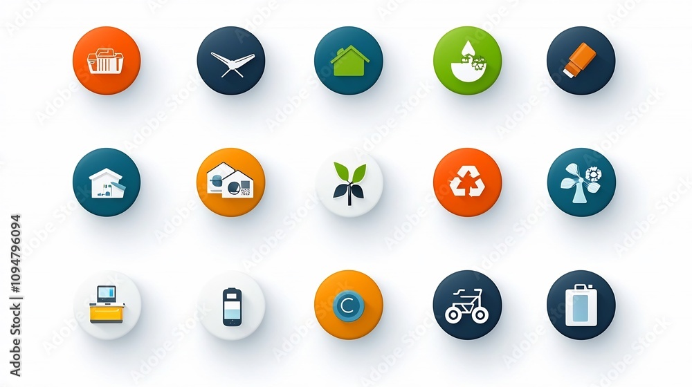 Comprehensive icon set featuring visual representations of sustainable lifestyle elements including renewable energy sources recycling systems water saving technologies Comprehensive icon set featuring visual representations of sustainable lifestyle elements including renewable energy sources recycling systems water saving technologies