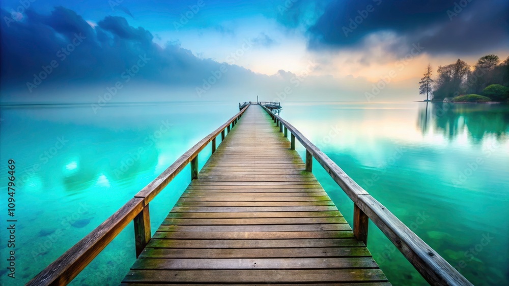 Obraz premium Serene Wooden Pier Over Misty Turquoise Waters - Tranquil Landscape Photography for Calm Atmosphere and Nature's Beauty