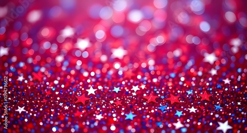 Red, White, and Blue Glitter Background with Shimmering Stars - Patriotic Sparkle Photography in 8K Ultra-HD photo