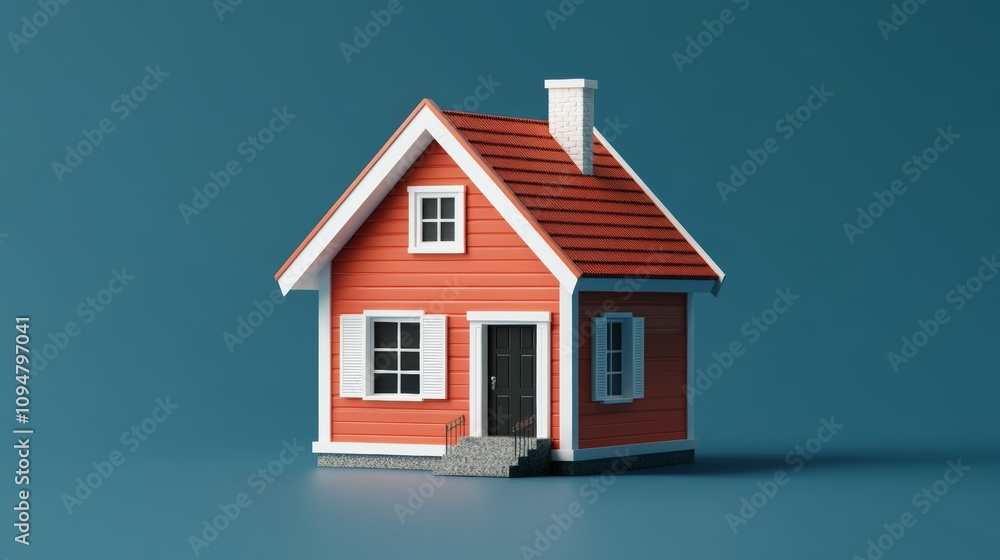 Cozy Red House Model on Blue Background Cozy Red House Model on Blue Background