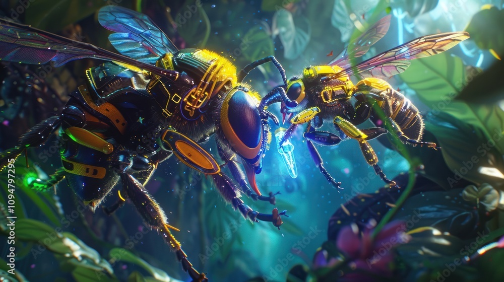 A sleek, advanced bee robot hovers gracefully, its metallic wings shimmering in the light. With intricate details, it mimics the movements of a real bee, designed for precision and efficiency in vario A sleek, advanced bee robot hovers gracefully, its metallic wings shimmering in the light. With intricate details, it mimics the movements of a real bee, designed for precision and efficiency in vario