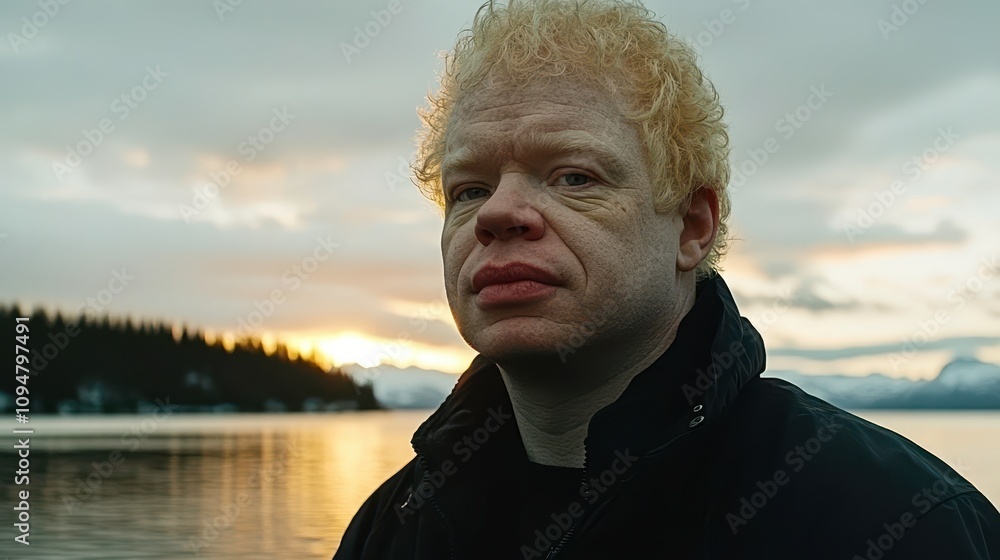 Fototapeta premium Serene Man with Albinism Watching Golden Sunset at Lakeside