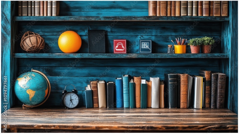 Bookshelf With Globe, Clock, and Books Bookshelf With Globe, Clock, and Books