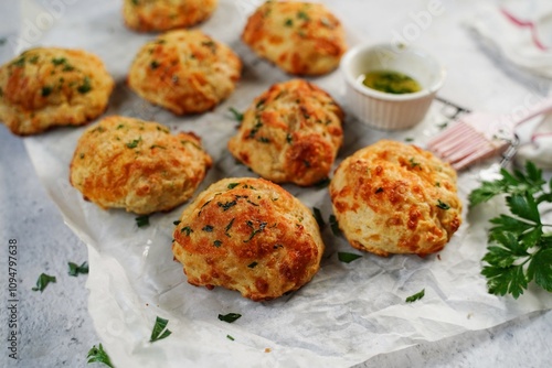Homemade cheddar biscuits topped with garlic butter and parsley