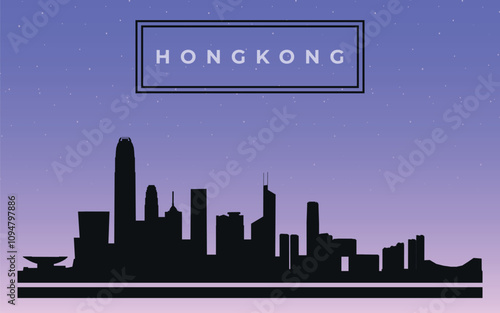 Black design silhouette of Hongkong city skyline with text in black frame. Vector on the background of dark blue starry sky