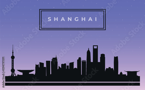 Photography Black design silhouette of Shanghai city skyline with text in black frame
