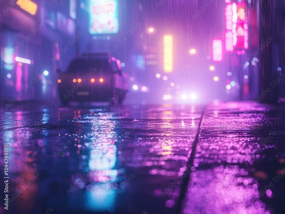 Obraz premium Wet dark street, smog and neon lights reflecting off the asphalt, creating a moody atmosphere