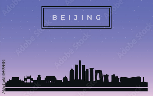 Black design silhouette of Beijing city skyline with text in black frame. Vector on the background of dark blue starry sky