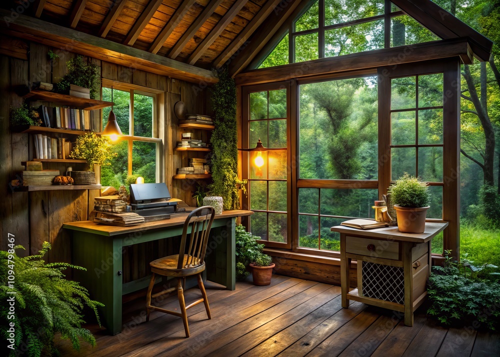 Fototapeta premium Cozy Writer's Cabin Surrounded by Nature with Natural Light and Warm Ambiance Perfect for Inspiration and Creativity, Ideal for Capturing the Essence of a Writer's Retreat