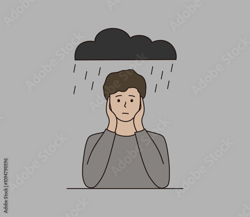 Depressed sad boy in bad mood. Black dark raining cloud above head. Depression, mental health, psychology, loneliness, anxiety concepts. Hand drawn character vector design illustrations.