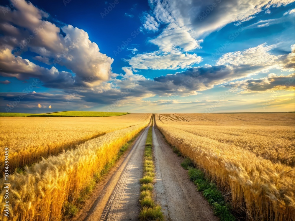 Fototapeta premium Dusty Road Stretching to the Horizon Alongside Golden Wheat Fields Creating a Serene Landscape with Ample Copy Space for Text and Visual Elements in the Rule of Thirds Composition