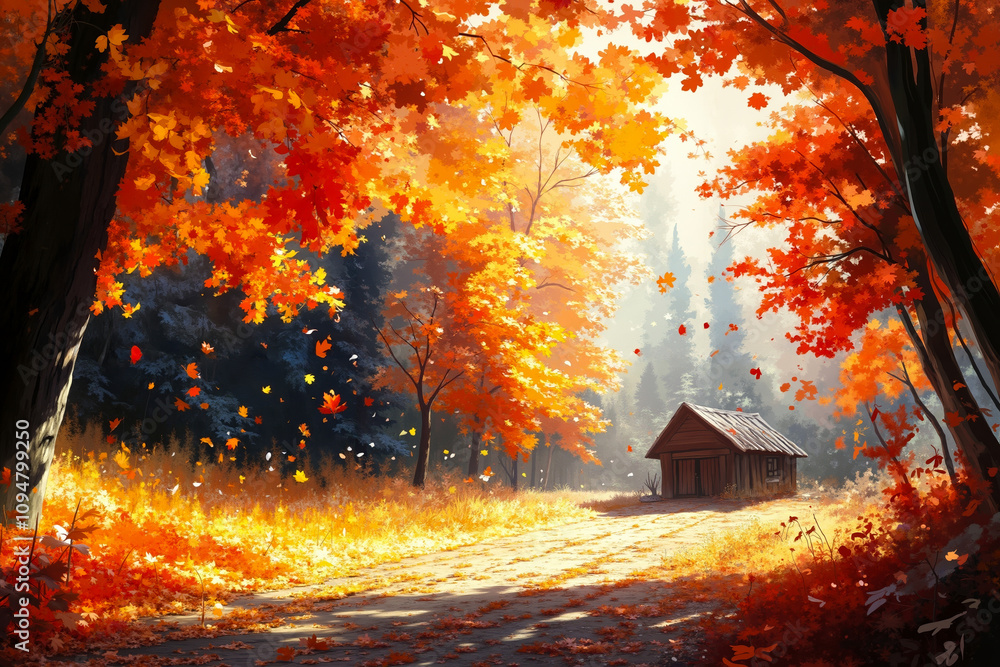 A painting of a cabin in the middle of a forest in the fall A painting of a cabin in the middle of a forest in the fall