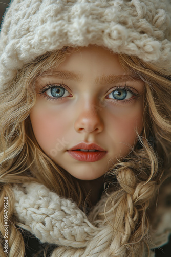 A young girl with long blonde hair wearing a white hat and scarf