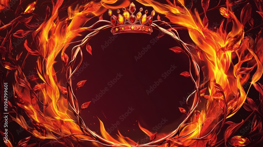 Fototapeta premium A circular frame made of flickering orange fire and scattered glowing red embers provides a passionate background for marketing copy or design.