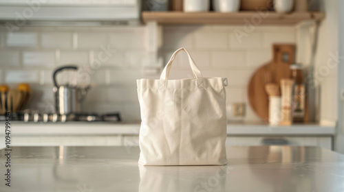 A close-up of a washable bag with stain-resistant material, perfect for groceries, on a white kitchen counter photo