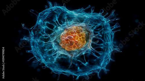 Microscopic view of a futuristic, genetically engineered cell, highlighting intricate biotechnological advancements photo