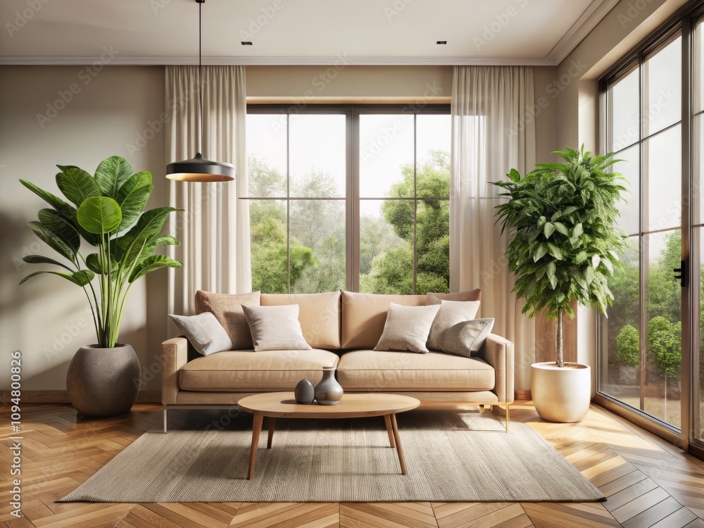 Minimalist Cozy Home Interior: Modern Living Room with Beige Sofa and Fig Plant, Perfect for Relaxation and Comfort in Contemporary Design Aesthetics Minimalist Cozy Home Interior: Modern Living Room with Beige Sofa and Fig Plant, Perfect for Relaxation and Comfort in Contemporary Design Aesthetics