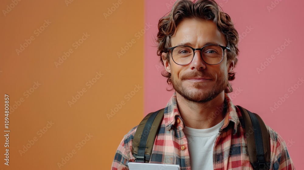 Portrait of a thoughtful man with glasses indoor studio photography vibrant background close-up view self-reflection concept Portrait of a thoughtful man with glasses indoor studio photography vibrant background close-up view self-reflection concept