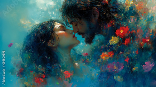 A couple embraces each other in a loving kiss, immersed in a sea of colorful flowers, creating a romantic and enchanting atmosphere