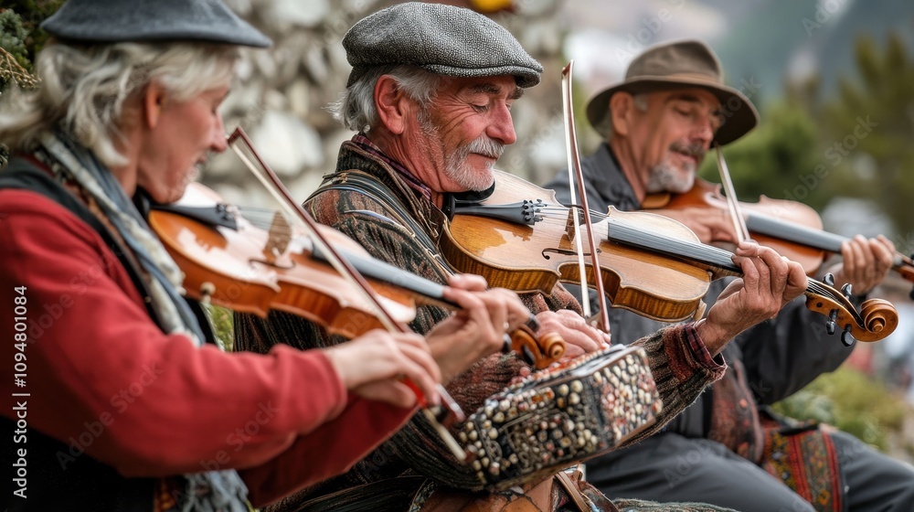Musicians perform lively folk tunes with zither, accordion, and violins during a cultural event Musicians perform lively folk tunes with zither, accordion, and violins during a cultural event