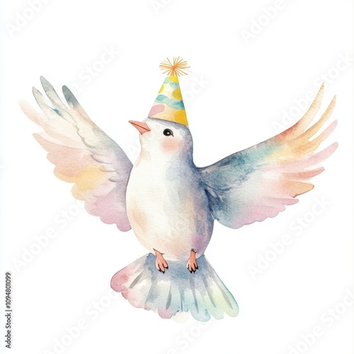 Cute dove with birthday hat flying, simple watercolor clipart graphic design on white background photo