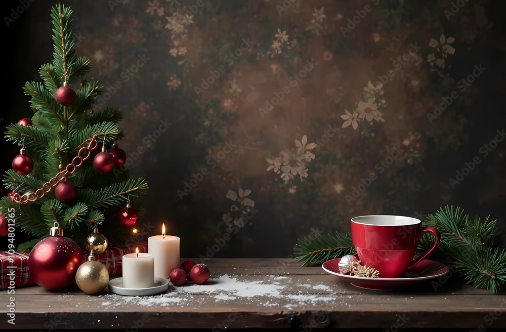 Fototapeta premium Christmas frame with wooden background. with copy image space. Space to add text or design. Christmas frame with fir tree and new year decorations. 