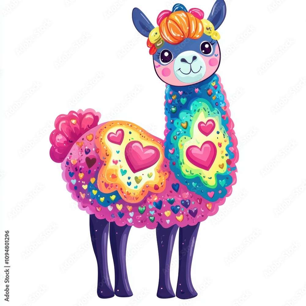 Naklejka premium Cute llama or alpaca with a colorful heart pattern in a cartoon style, vector illustration clipart 