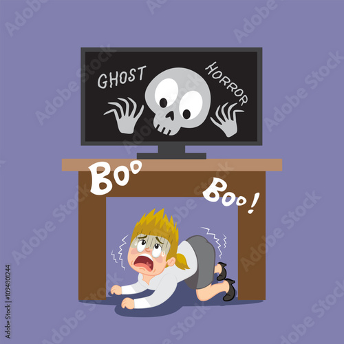 Man Scared Spooky Ghost. Fear Darkness Paranormal Spirits. Flat, Vector, Illustration, Cartoon, EPS10.