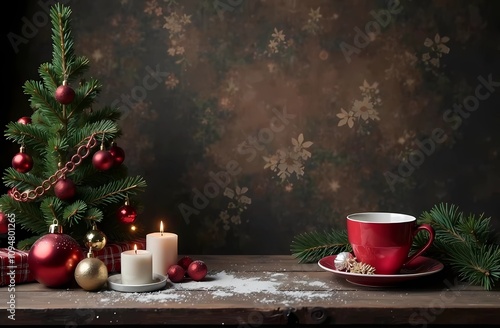 Wallpaper Mural Christmas frame with wooden background. with copy image space. Space to add text or design. Christmas frame with fir tree and new year decorations.  Torontodigital.ca