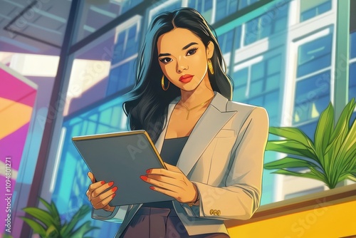 Empowered Filipina woman in a tailored blazer and high-waisted trousers, standing confidently at her desk, holding a tablet, her strong gaze reflecting determination and leadership in a vibrant