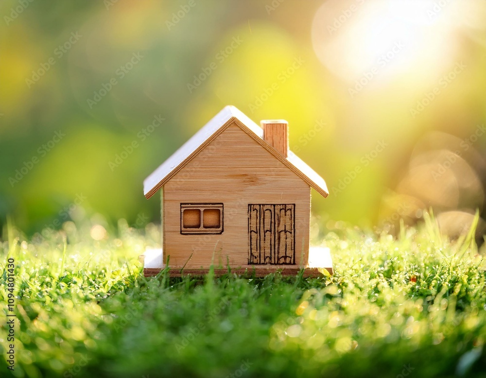 Small model home on green grass with sunlight Small model home on green grass with sunlight
