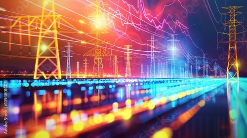 Glowing power transmission lines and pylons illuminating an urban cityscape at night showcasing the intricate electrical infrastructure that supplies energy to the modern metropolitan area