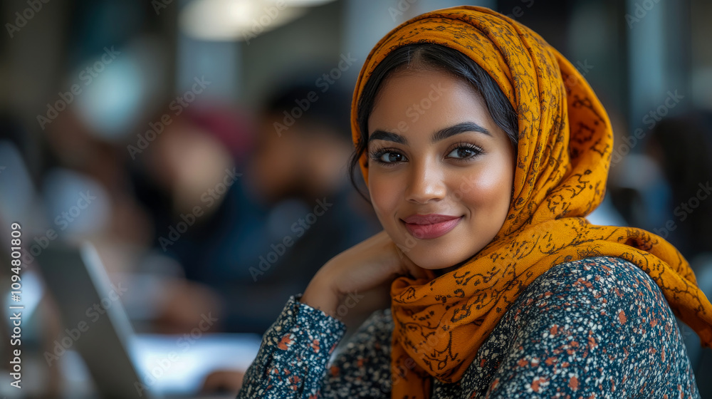 Young woman wearing a stylish headscarf sits at a table in a lively cafe, focused on her studies while enjoying the warm atmosphere Young woman wearing a stylish headscarf sits at a table in a lively cafe, focused on her studies while enjoying the warm atmosphere
