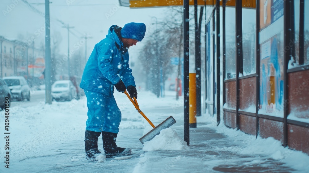 Man in blue jumpsuit shovels snow from sidewalk during blizzard outside a store. Man in blue jumpsuit shovels snow from sidewalk during blizzard outside a store.