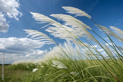 white kans grass field swaying in the wind under a clear sky.

