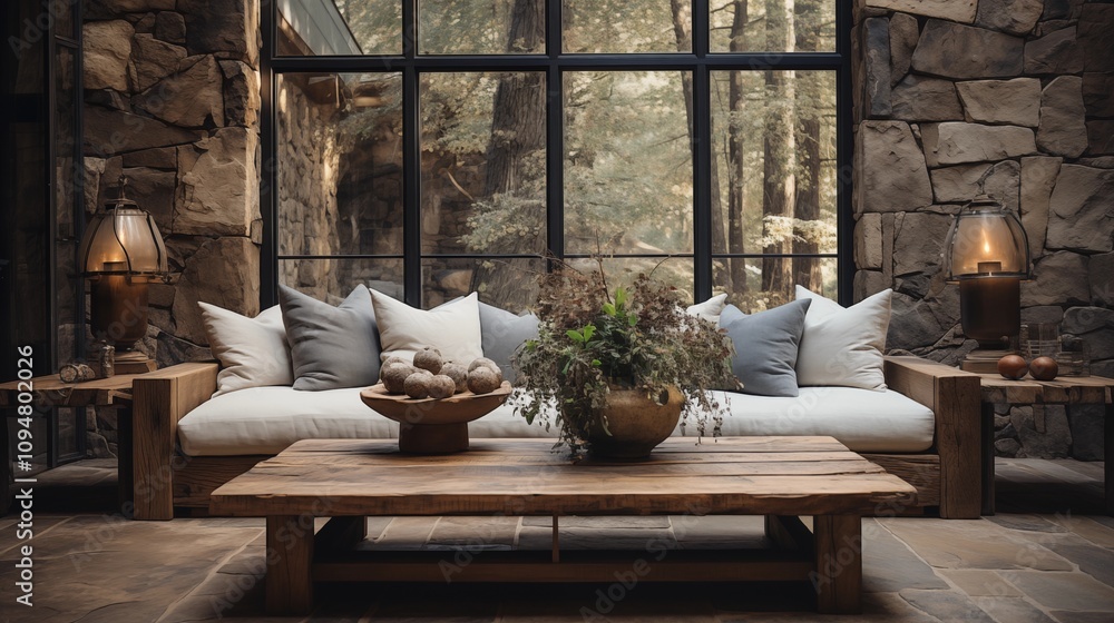 White sofas and a rustic coffee table create a cozy boho atmosphere, complemented by the stone cladding wall and window light. White sofas and a rustic coffee table create a cozy boho atmosphere, complemented by the stone cladding wall and window light.